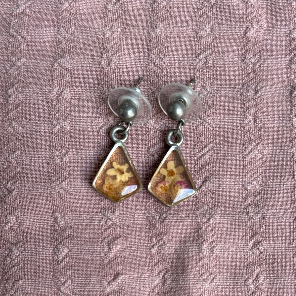 Vintage Sterling Silver Pressed Flower Post Earrings